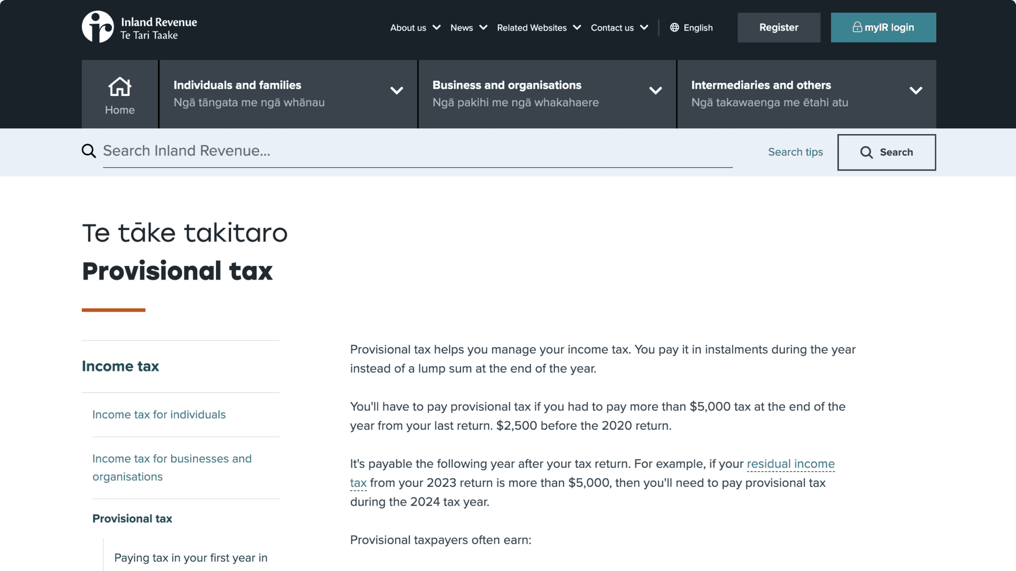 Inland Revenue guidance on provisional tax